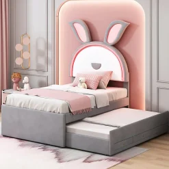 Lit Gigogne 90x200 cm - Lit avec Tiroirs de Rangement et Éclairage LED Changeant, en Velours Gris, Sans Matelas><noscript><img width=