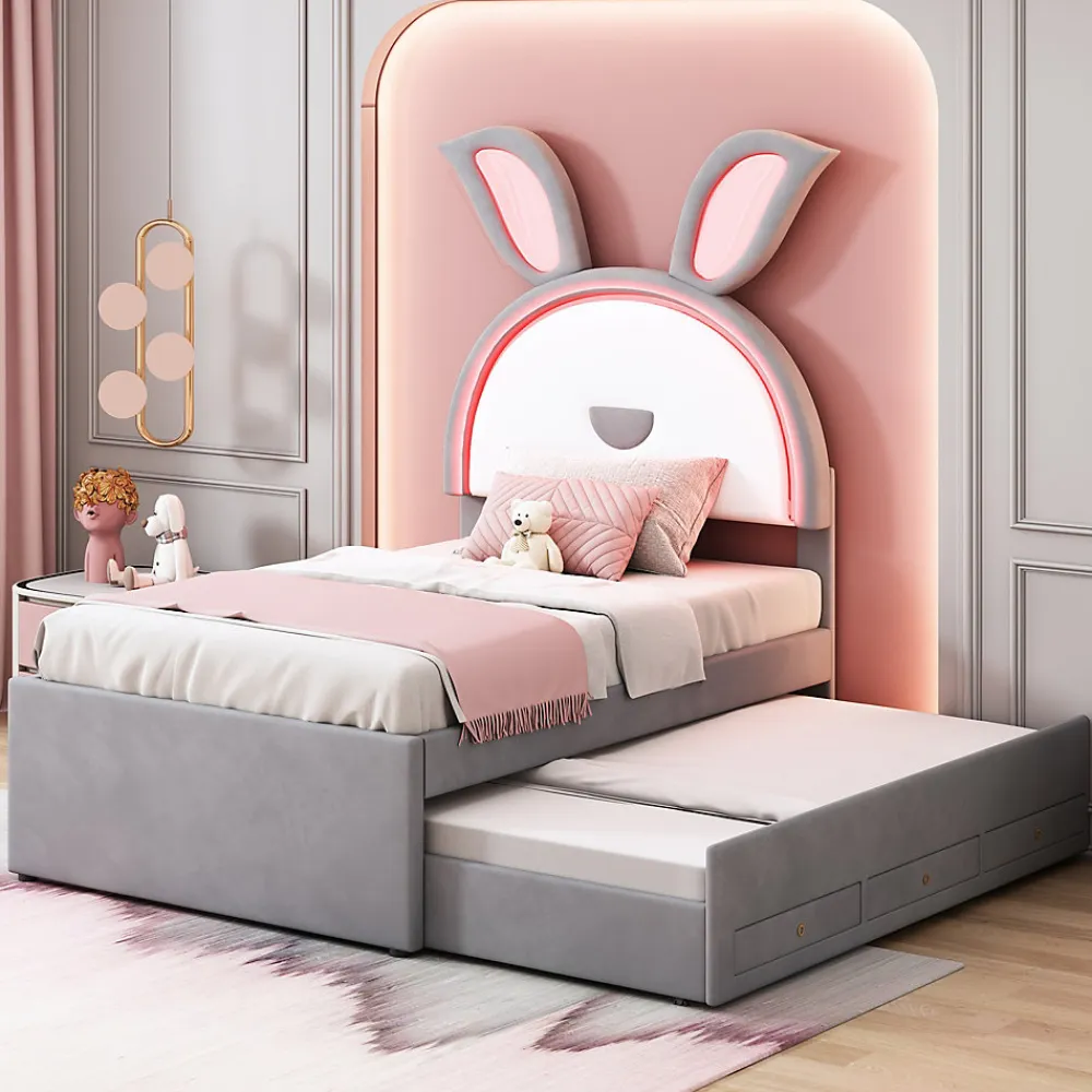 Lit Gigogne 90x200 cm - Lit avec Tiroirs de Rangement et Éclairage LED Changeant, en Velours Gris, Sans Matelas>Okwish New