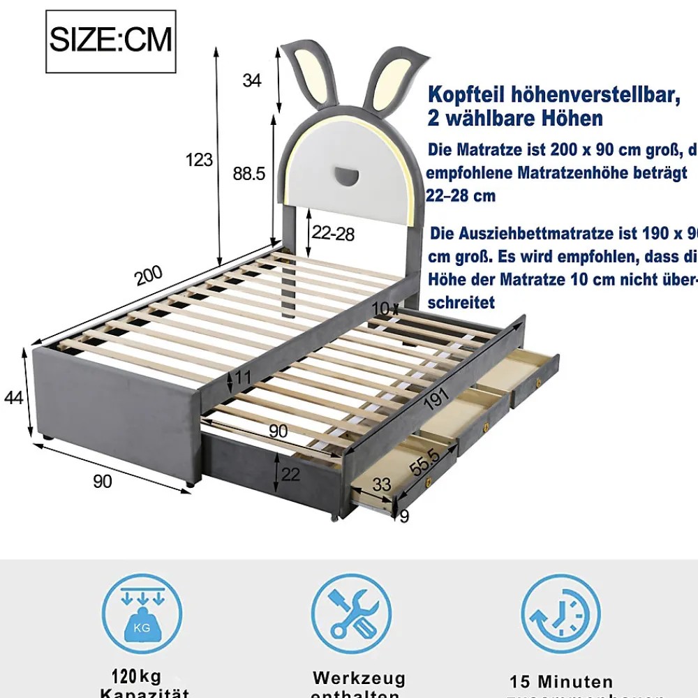 Lit Gigogne 90x200 cm - Lit avec Tiroirs de Rangement et Éclairage LED Changeant, en Velours Gris, Sans Matelas>Okwish New