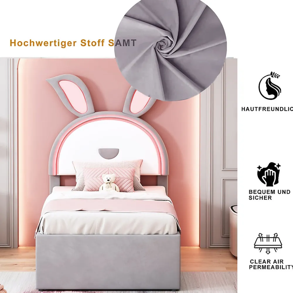 Lit Gigogne 90x200 cm - Lit avec Tiroirs de Rangement et Éclairage LED Changeant, en Velours Gris, Sans Matelas>Okwish New