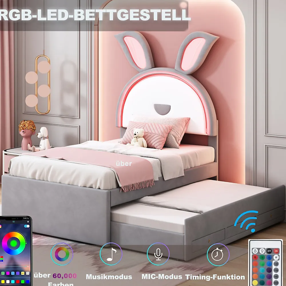 Lit Gigogne 90x200 cm - Lit avec Tiroirs de Rangement et Éclairage LED Changeant, en Velours Gris, Sans Matelas>Okwish New