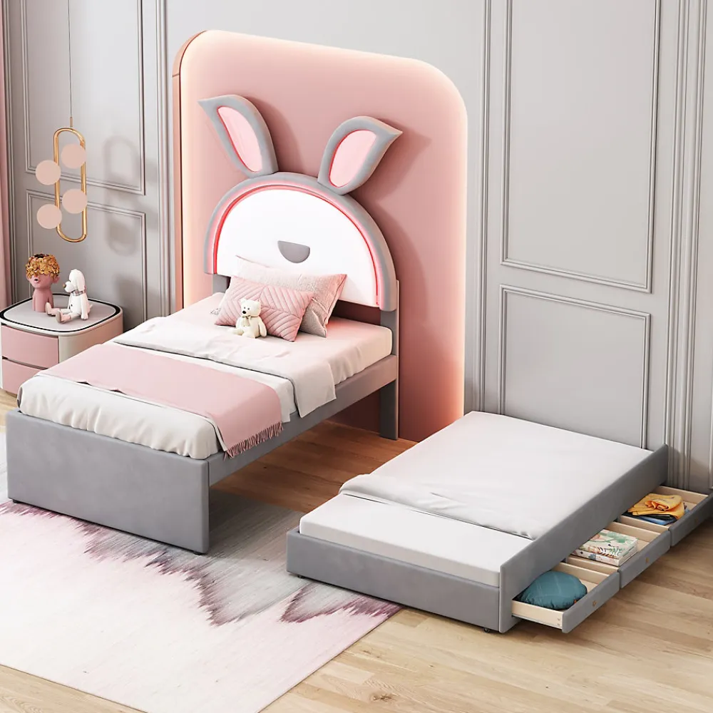 Lit Gigogne 90x200 cm - Lit avec Tiroirs de Rangement et Éclairage LED Changeant, en Velours Gris, Sans Matelas>Okwish New