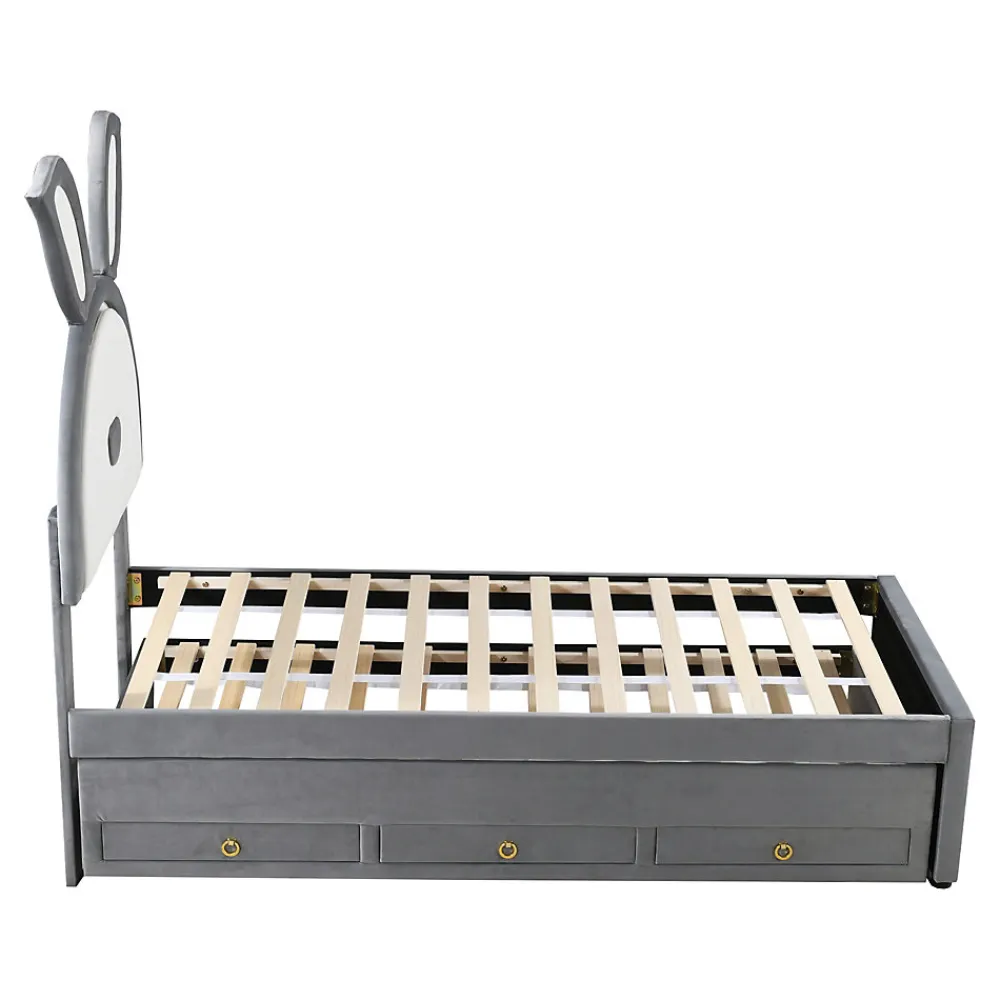 Lit Gigogne 90x200 cm - Lit avec Tiroirs de Rangement et Éclairage LED Changeant, en Velours Gris, Sans Matelas>Okwish New