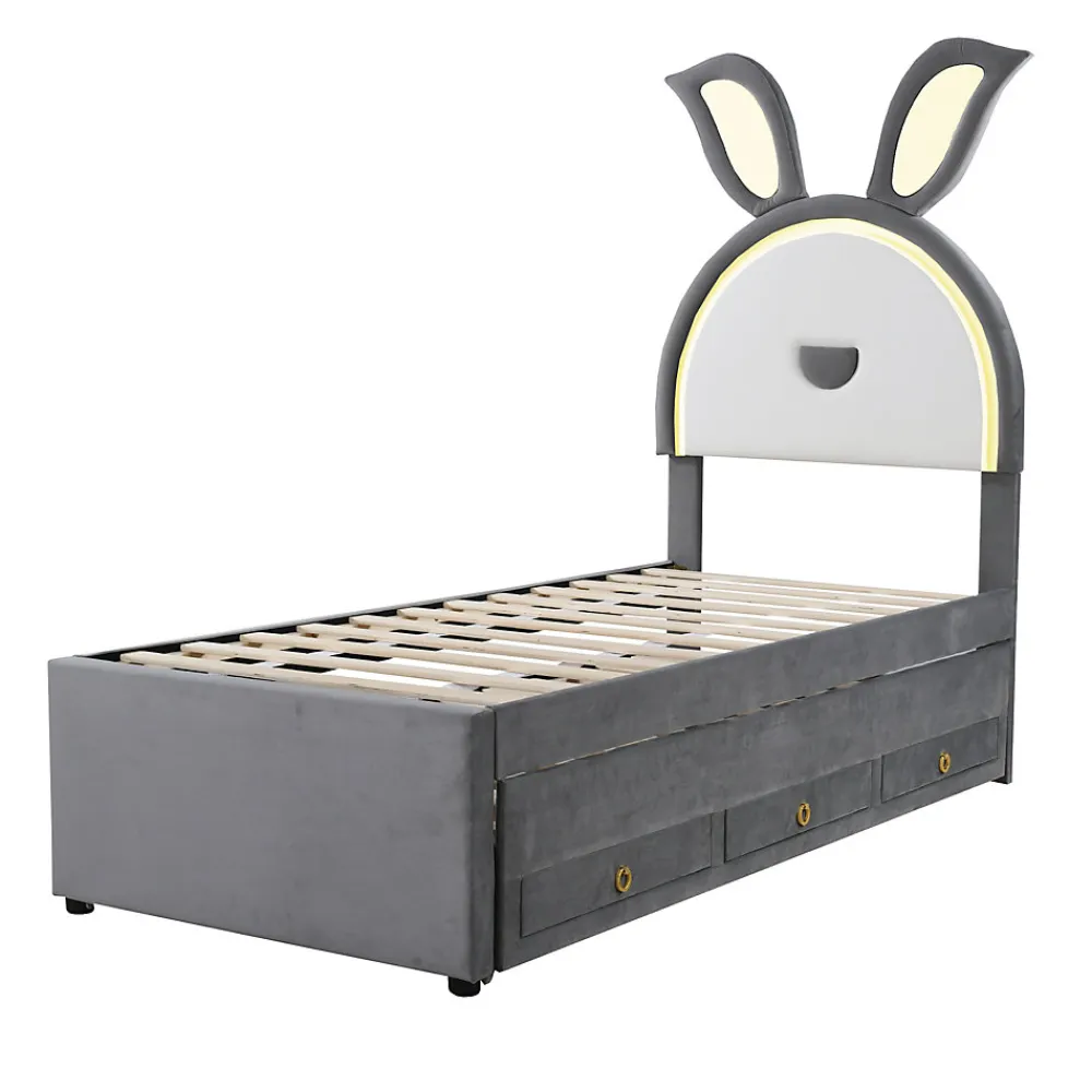 Lit Gigogne 90x200 cm - Lit avec Tiroirs de Rangement et Éclairage LED Changeant, en Velours Gris, Sans Matelas>Okwish New