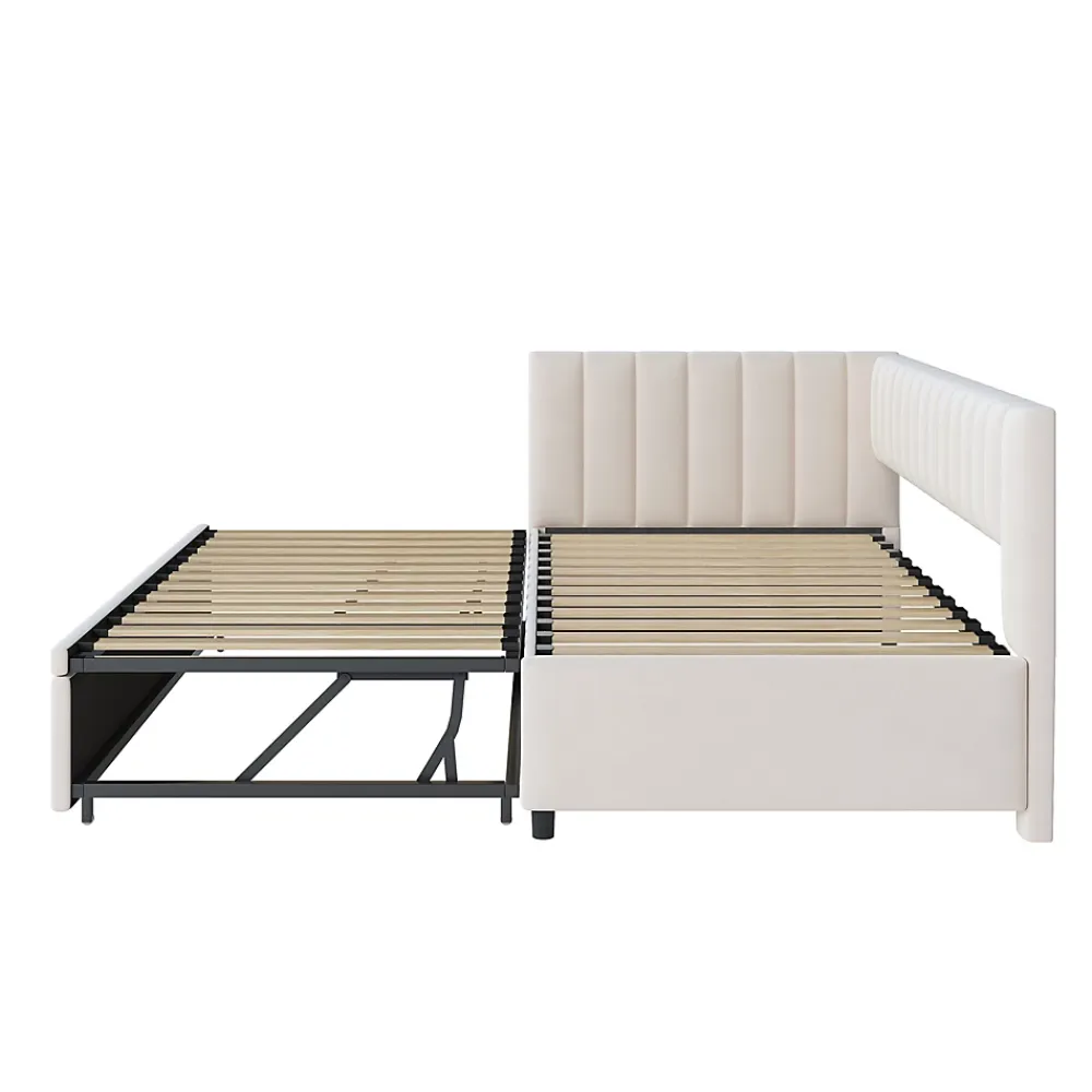 Okwish Lit Gigogne 90/180x200 cm - Lit avec Canapé-Lit Coulissant, Multifonction pour enfants et Invités, en Velours Beige, Sans Matelas* Lit Gigogne