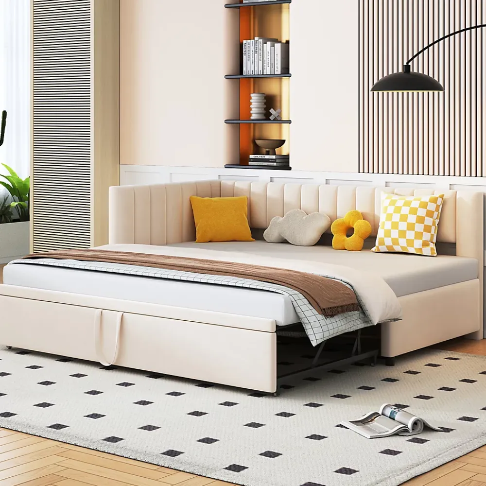 Okwish Lit Gigogne 90/180x200 cm - Lit avec Canapé-Lit Coulissant, Multifonction pour enfants et Invités, en Velours Beige, Sans Matelas* Lit Gigogne