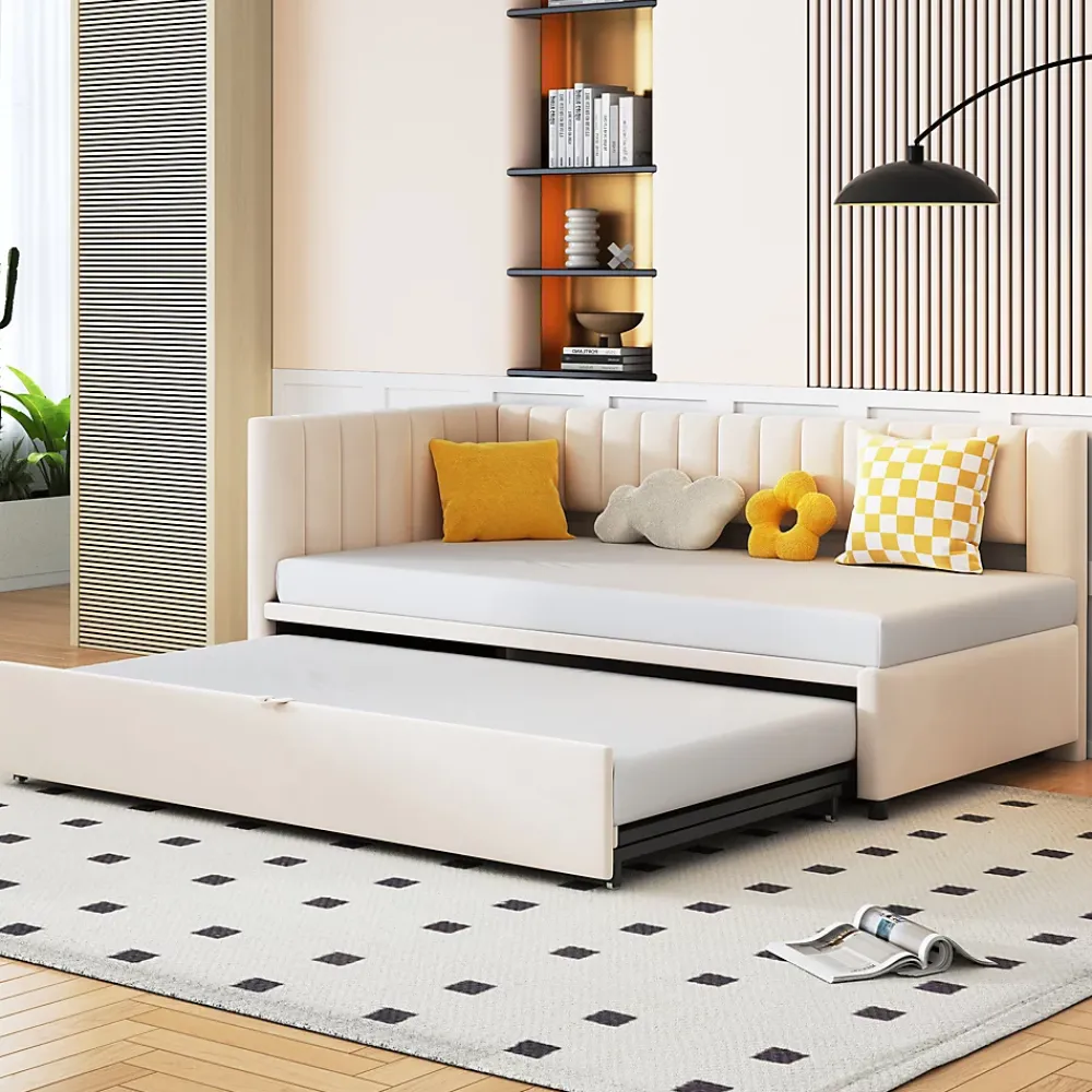 Okwish Lit Gigogne 90/180x200 cm - Lit avec Canapé-Lit Coulissant, Multifonction pour enfants et Invités, en Velours Beige, Sans Matelas* Lit Gigogne