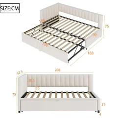 Okwish Lit Gigogne 90/180x200 cm - Lit avec Canapé-Lit Coulissant, Multifonction pour enfants et Invités, en Velours Beige, Sans Matelas* Lit Gigogne