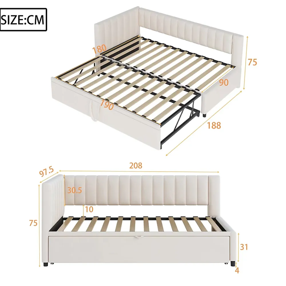 Okwish Lit Gigogne 90/180x200 cm - Lit avec Canapé-Lit Coulissant, Multifonction pour enfants et Invités, en Velours Beige, Sans Matelas* Lit Gigogne
