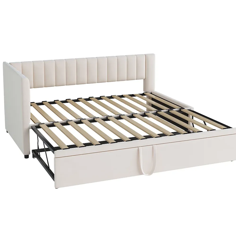 Okwish Lit Gigogne 90/180x200 cm - Lit avec Canapé-Lit Coulissant, Multifonction pour enfants et Invités, en Velours Beige, Sans Matelas* Lit Gigogne
