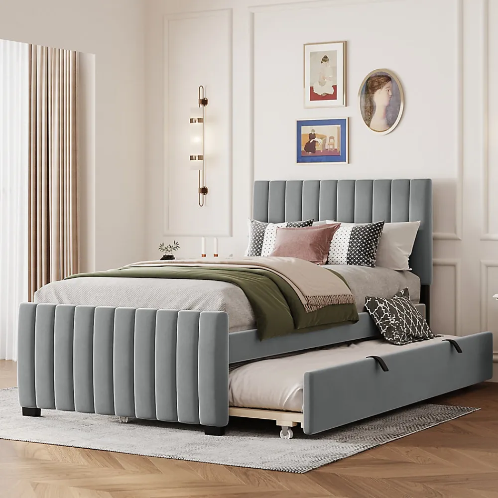 Lit Gigogne 90x190 cm - Lit avec Lit Supplémentaire, Tissu Velours Doux, Gris, Sans Matelas>Okwish New