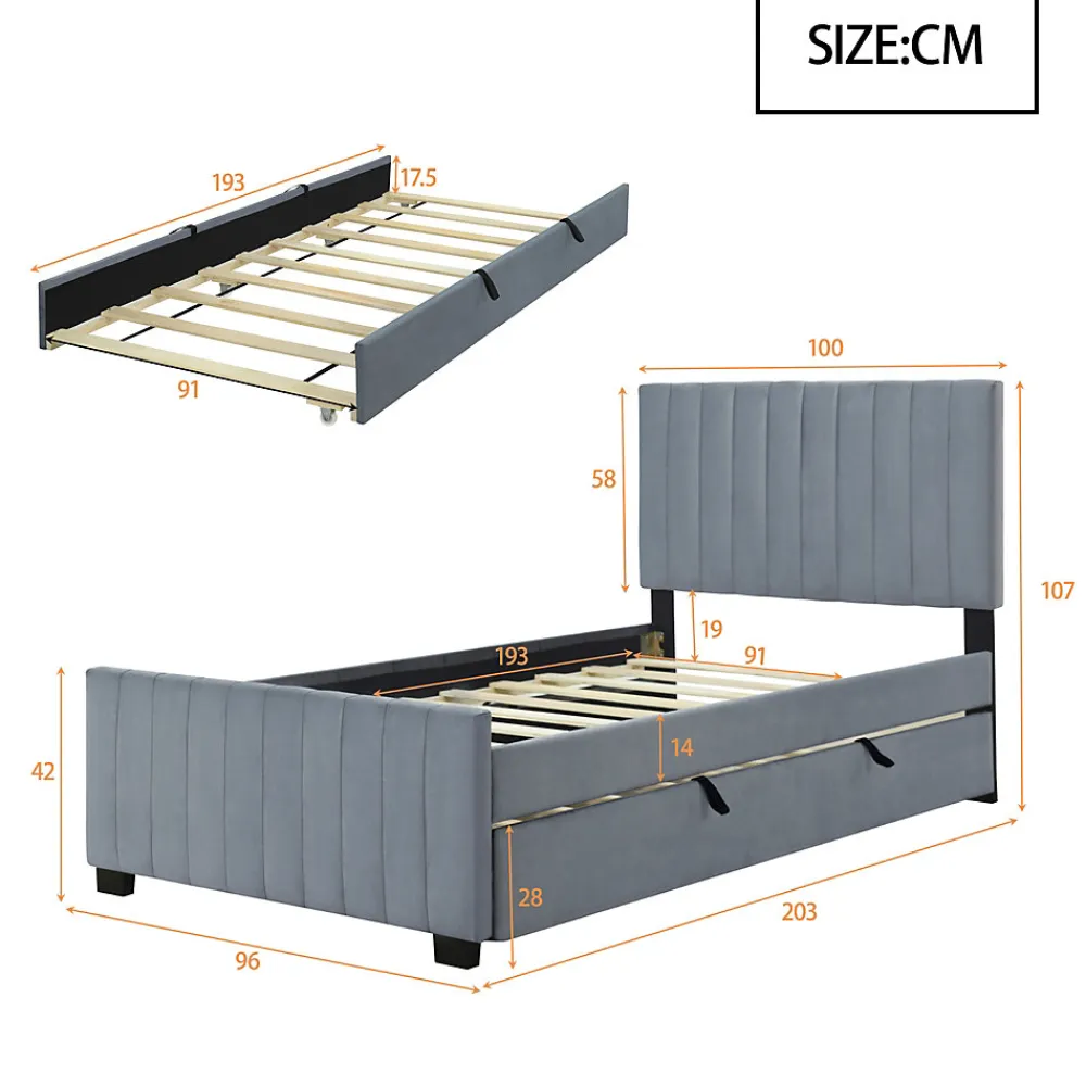 Lit Gigogne 90x190 cm - Lit avec Lit Supplémentaire, Tissu Velours Doux, Gris, Sans Matelas>Okwish New