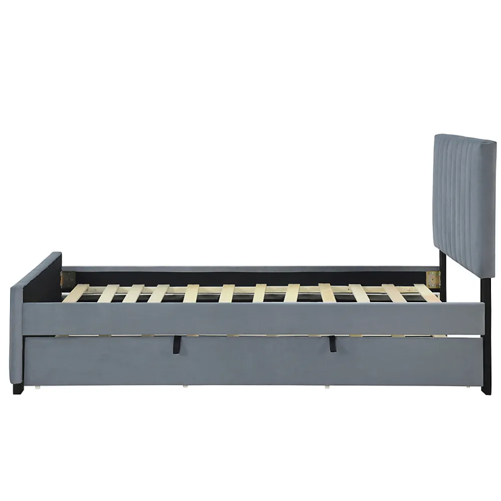 Lit Gigogne 90x190 cm - Lit avec Lit Supplémentaire, Tissu Velours Doux, Gris, Sans Matelas>Okwish New