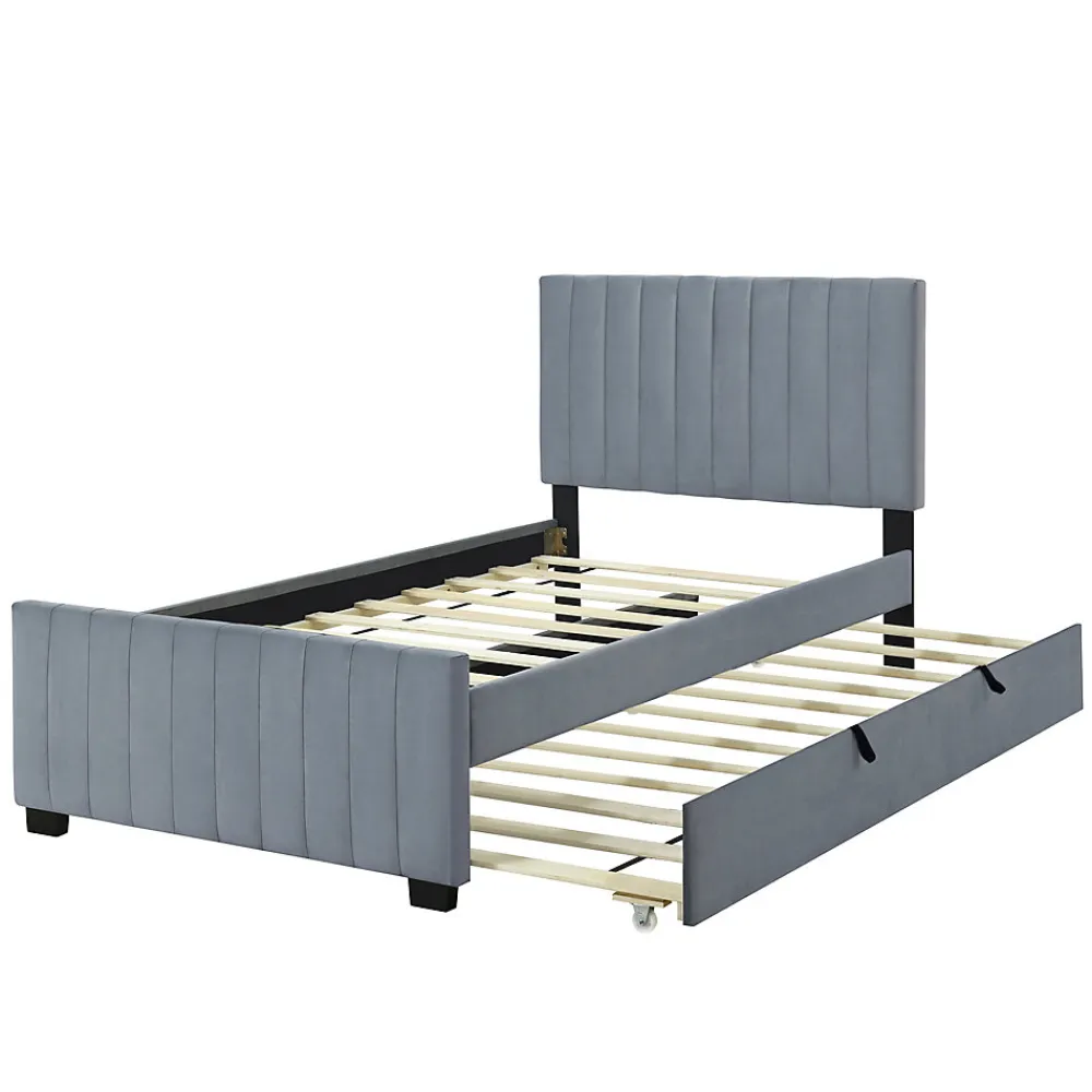 Lit Gigogne 90x190 cm - Lit avec Lit Supplémentaire, Tissu Velours Doux, Gris, Sans Matelas>Okwish New