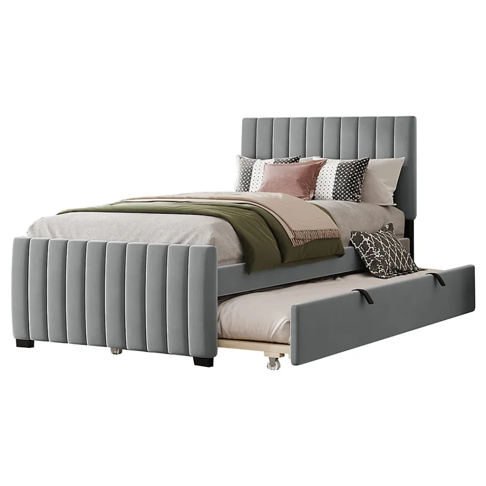 Lit Gigogne 90x190 cm - Lit avec Lit Supplémentaire, Tissu Velours Doux, Gris, Sans Matelas>Okwish New