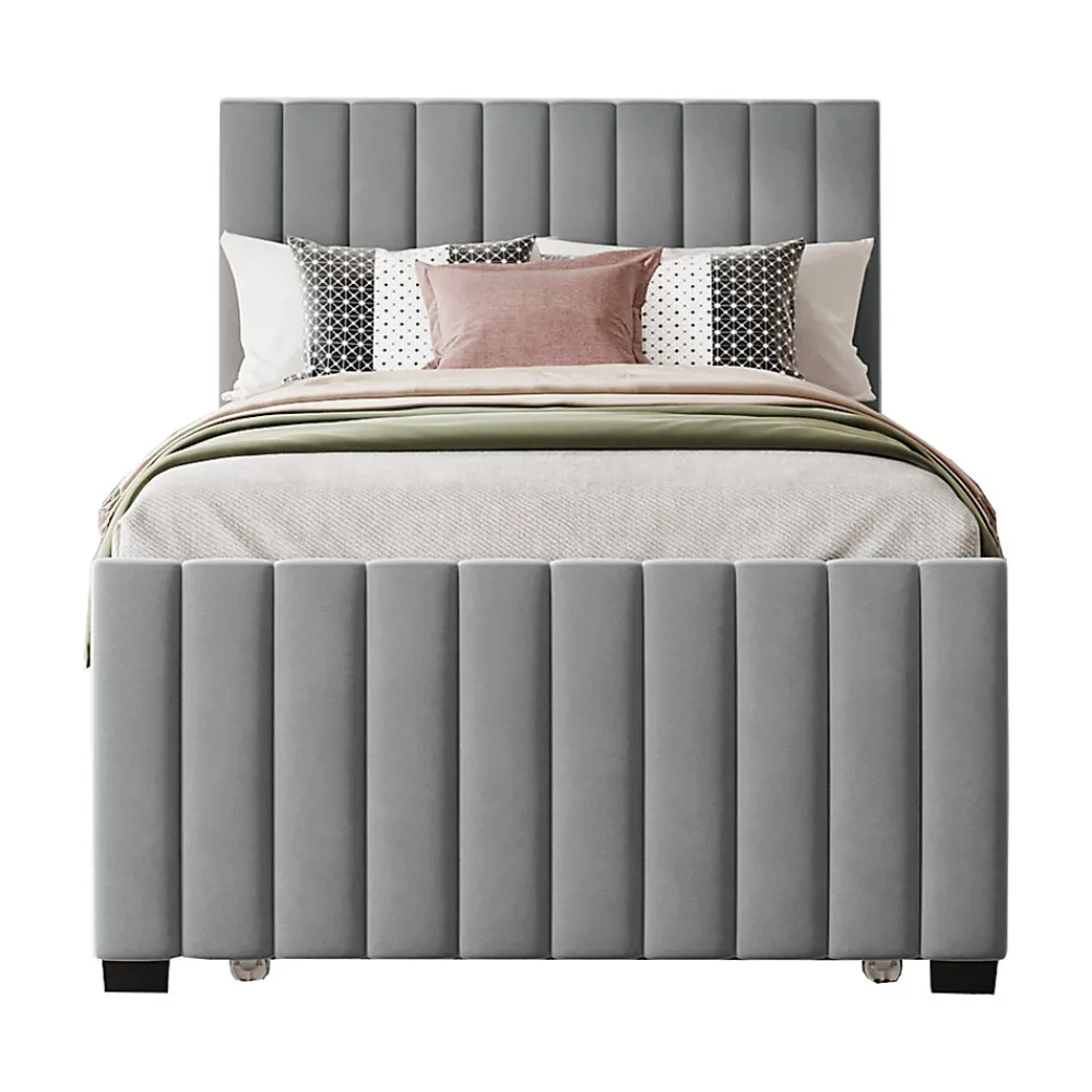 Lit Gigogne 90x190 cm - Lit avec Lit Supplémentaire, Tissu Velours Doux, Gris, Sans Matelas>Okwish New