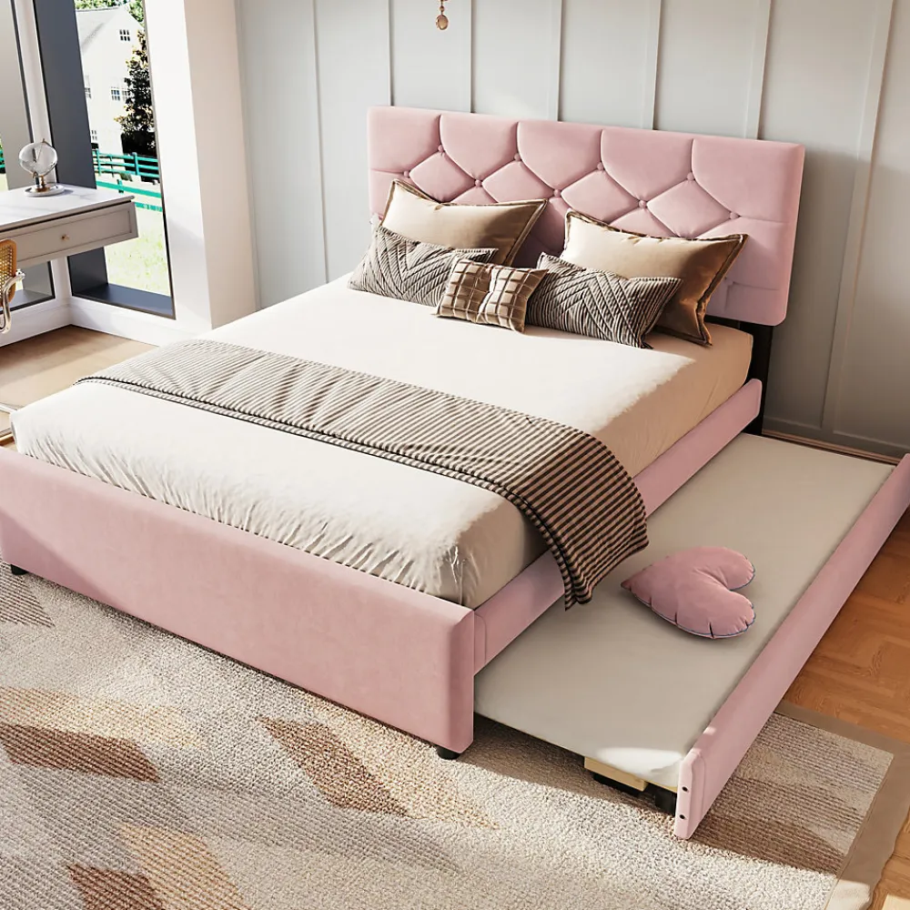 Lit Gigogne 140x200 cm - Lit Banquette Double Rembourré avec Sommier - Velours + MDF - Sans Matelas - Rose>Okwish Online