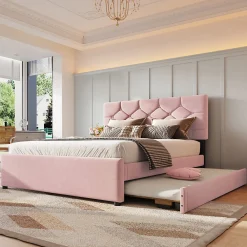 Lit Gigogne 140x200 cm - Lit Banquette Double Rembourré avec Sommier - Velours + MDF - Sans Matelas - Rose>Okwish Online