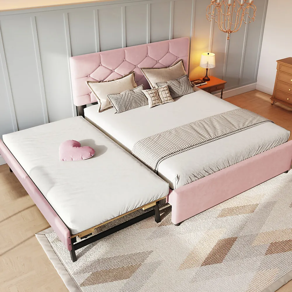 Lit Gigogne 140x200 cm - Lit Banquette Double Rembourré avec Sommier - Velours + MDF - Sans Matelas - Rose>Okwish Online