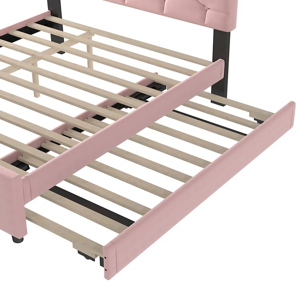 Lit Gigogne 140x200 cm - Lit Banquette Double Rembourré avec Sommier - Velours + MDF - Sans Matelas - Rose>Okwish Online