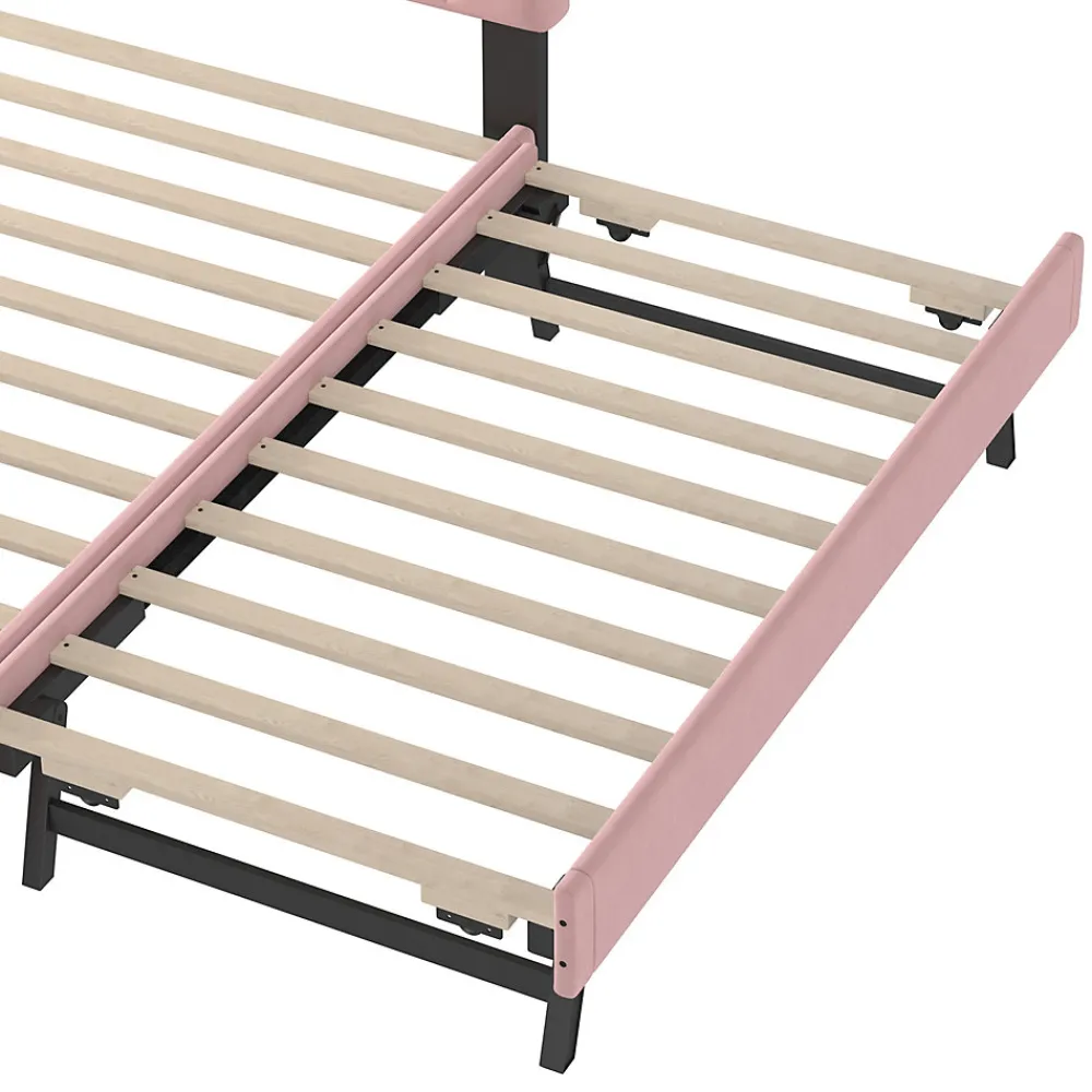 Lit Gigogne 140x200 cm - Lit Banquette Double Rembourré avec Sommier - Velours + MDF - Sans Matelas - Rose>Okwish Online