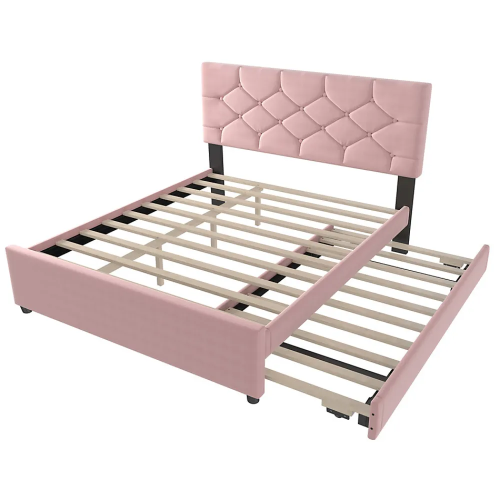 Lit Gigogne 140x200 cm - Lit Banquette Double Rembourré avec Sommier - Velours + MDF - Sans Matelas - Rose>Okwish Online