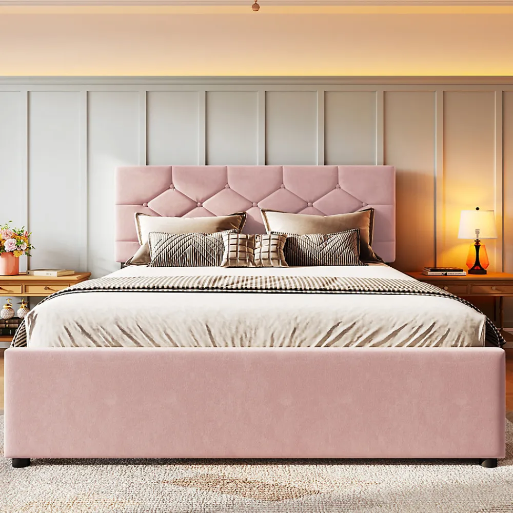 Lit Gigogne 140x200 cm - Lit Banquette Double Rembourré avec Sommier - Velours + MDF - Sans Matelas - Rose>Okwish Online