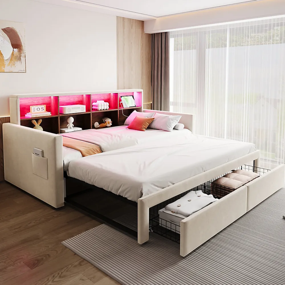 Lit Gigogne 90x190 cm - Lit Capitonné avec LED, 2 Tiroirs et Compartiments pour Enfant - Velours, MDF, Beige - sans Matelas>Okwish