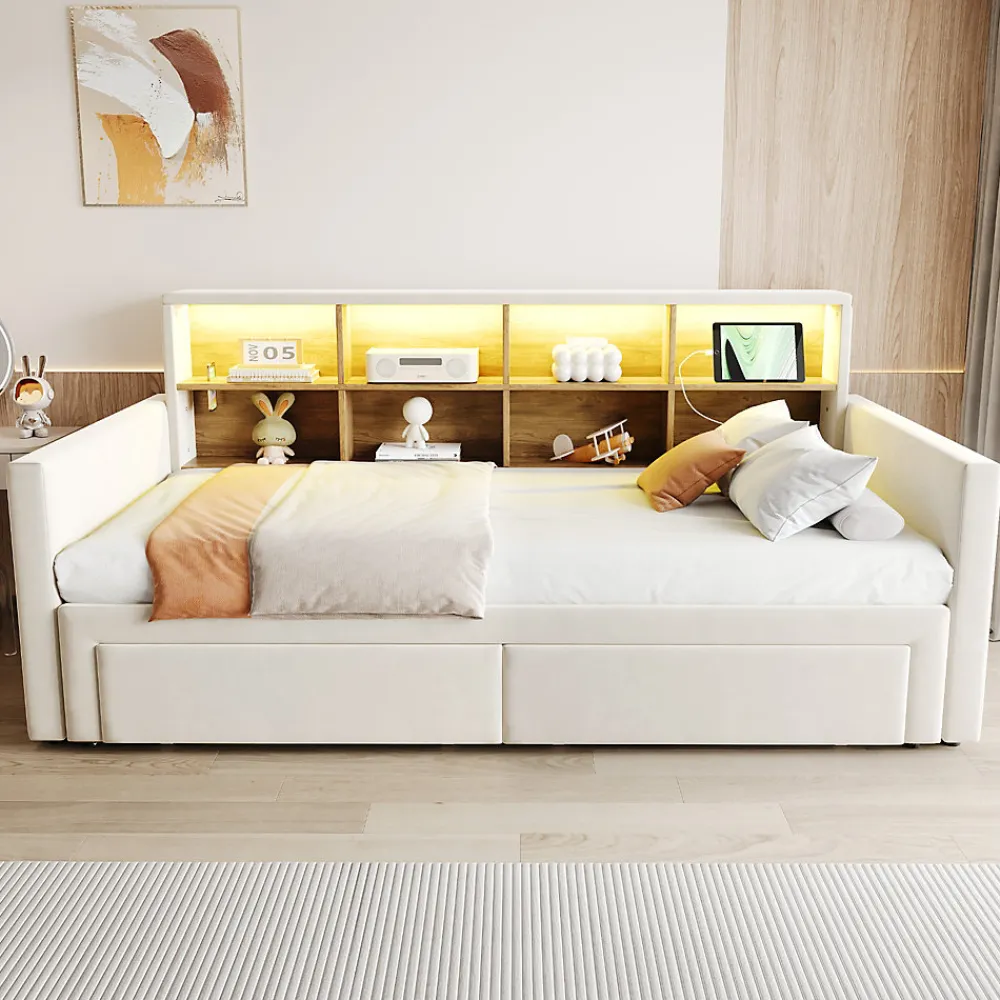 Lit Gigogne 90x190 cm - Lit Capitonné avec LED, 2 Tiroirs et Compartiments pour Enfant - Velours, MDF, Beige - sans Matelas>Okwish