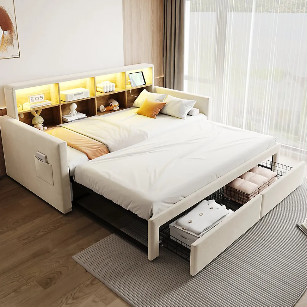 Lit Gigogne 90x190 cm - Lit Capitonné avec LED, 2 Tiroirs et Compartiments pour Enfant - Velours, MDF, Beige - sans Matelas>Okwish
