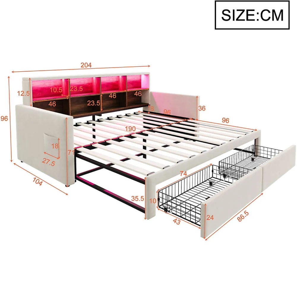 Lit Gigogne 90x190 cm - Lit Capitonné avec LED, 2 Tiroirs et Compartiments pour Enfant - Velours, MDF, Beige - sans Matelas>Okwish