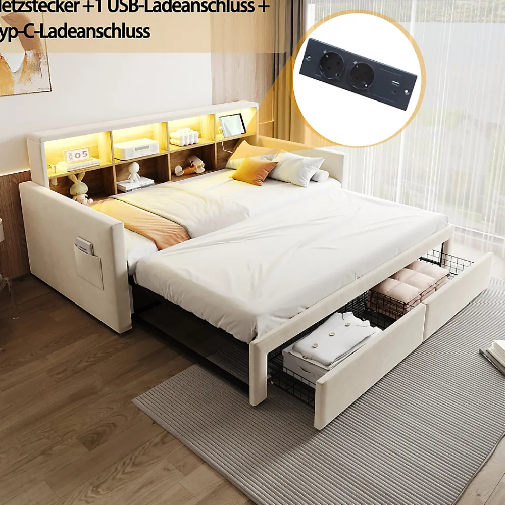 Lit Gigogne 90x190 cm - Lit Capitonné avec LED, 2 Tiroirs et Compartiments pour Enfant - Velours, MDF, Beige - sans Matelas>Okwish