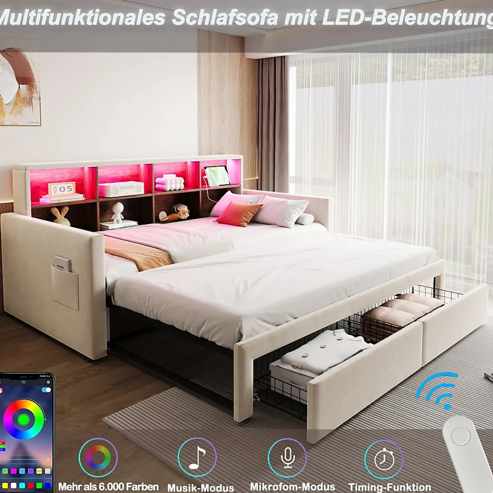 Lit Gigogne 90x190 cm - Lit Capitonné avec LED, 2 Tiroirs et Compartiments pour Enfant - Velours, MDF, Beige - sans Matelas>Okwish