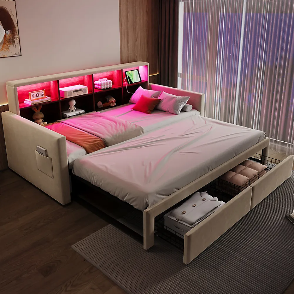 Lit Gigogne 90x190 cm - Lit Capitonné avec LED, 2 Tiroirs et Compartiments pour Enfant - Velours, MDF, Beige - sans Matelas>Okwish