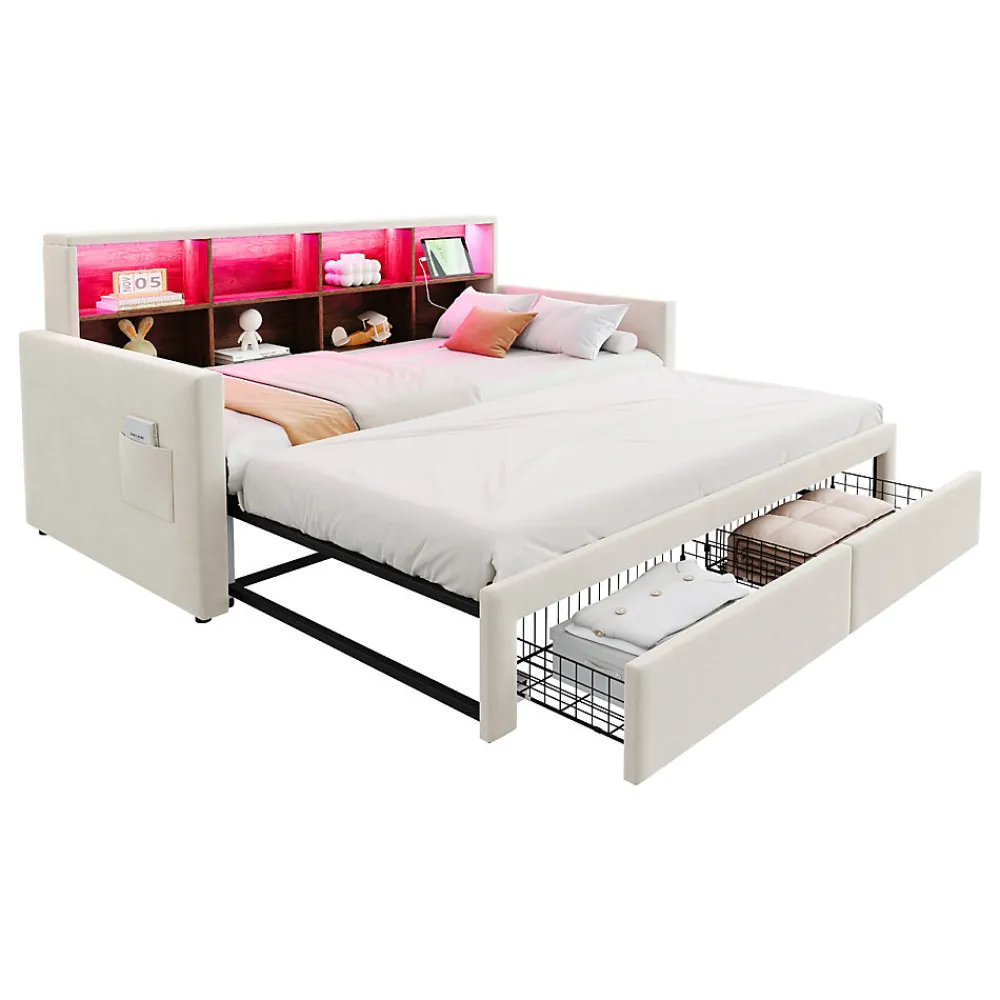 Lit Gigogne 90x190 cm - Lit Capitonné avec LED, 2 Tiroirs et Compartiments pour Enfant - Velours, MDF, Beige - sans Matelas>Okwish