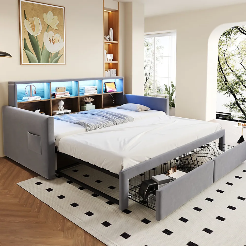 Lit Gigogne 90x190 cm - Lit Capitonné avec LED, 2 Tiroirs et Compartiments pour Enfant - Velours, MDF, Gris Clair - sans Matelas>Okwish Best
