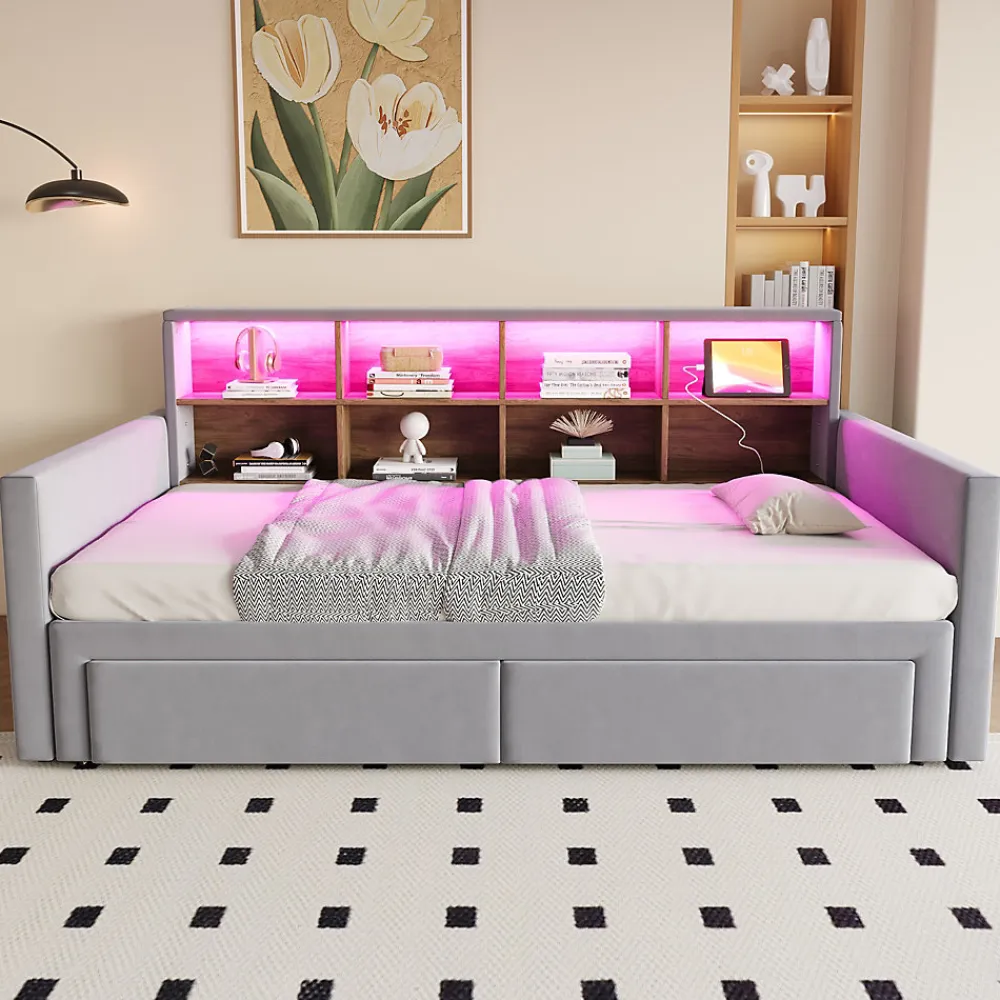 Lit Gigogne 90x190 cm - Lit Capitonné avec LED, 2 Tiroirs et Compartiments pour Enfant - Velours, MDF, Gris Clair - sans Matelas>Okwish Best