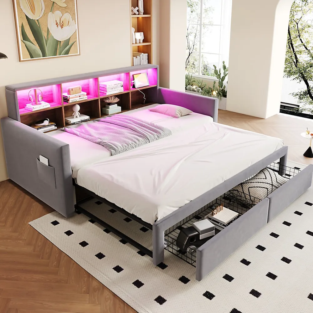 Lit Gigogne 90x190 cm - Lit Capitonné avec LED, 2 Tiroirs et Compartiments pour Enfant - Velours, MDF, Gris Clair - sans Matelas>Okwish Best