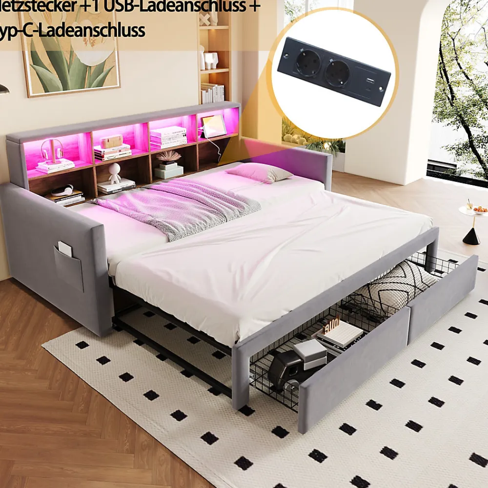 Lit Gigogne 90x190 cm - Lit Capitonné avec LED, 2 Tiroirs et Compartiments pour Enfant - Velours, MDF, Gris Clair - sans Matelas>Okwish Best