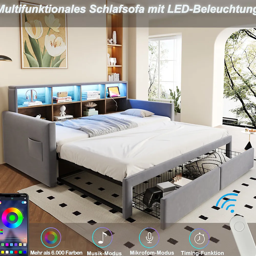 Lit Gigogne 90x190 cm - Lit Capitonné avec LED, 2 Tiroirs et Compartiments pour Enfant - Velours, MDF, Gris Clair - sans Matelas>Okwish Best