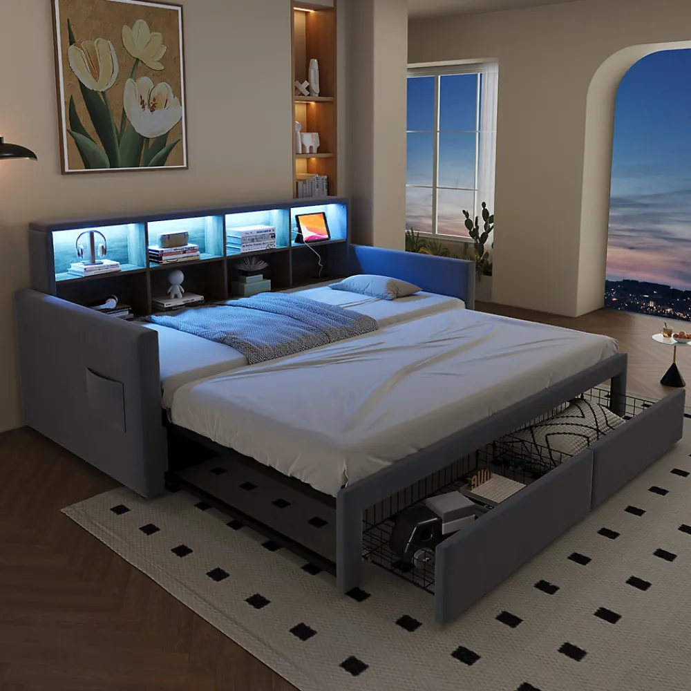 Lit Gigogne 90x190 cm - Lit Capitonné avec LED, 2 Tiroirs et Compartiments pour Enfant - Velours, MDF, Gris Clair - sans Matelas>Okwish Best