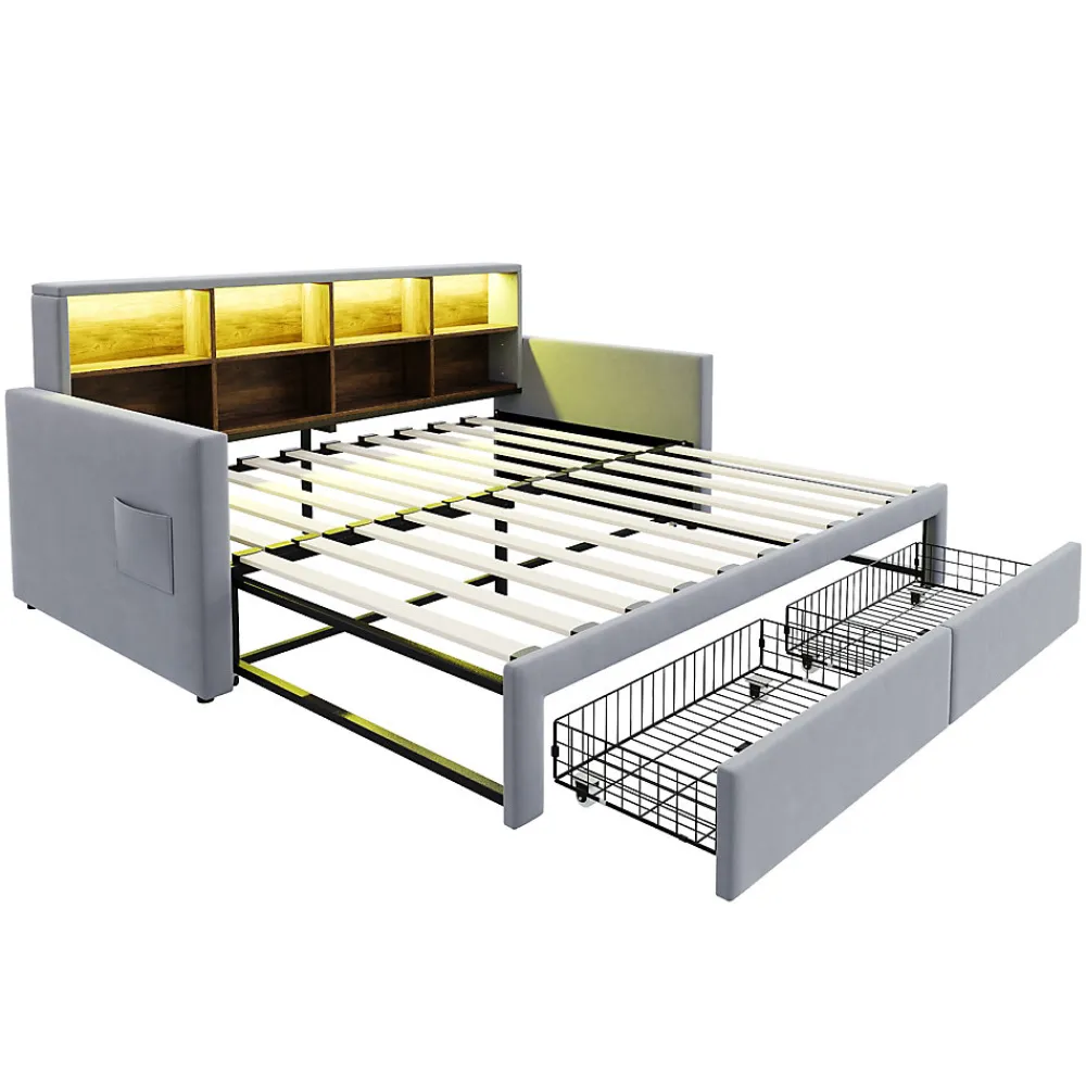 Lit Gigogne 90x190 cm - Lit Capitonné avec LED, 2 Tiroirs et Compartiments pour Enfant - Velours, MDF, Gris Clair - sans Matelas>Okwish Best