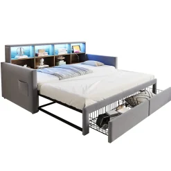 Lit Gigogne 90x190 cm - Lit Capitonné avec LED, 2 Tiroirs et Compartiments pour Enfant - Velours, MDF, Gris Clair - sans Matelas><noscript><img width=