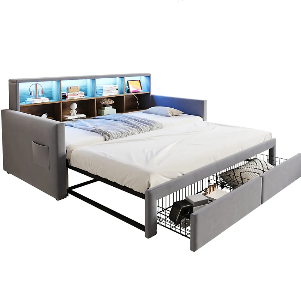 Lit Gigogne 90x190 cm - Lit Capitonné avec LED, 2 Tiroirs et Compartiments pour Enfant - Velours, MDF, Gris Clair - sans Matelas>Okwish Best