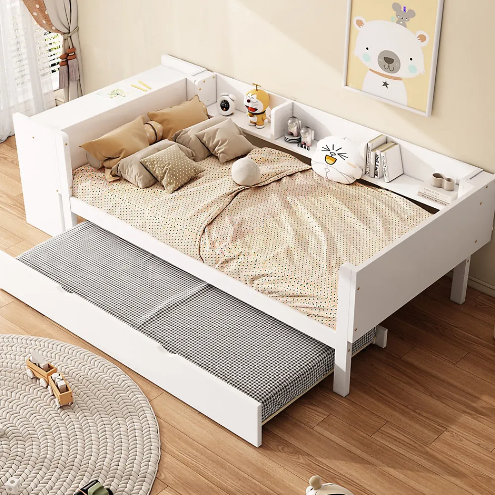 Lit Gigogne 90x200 cm - Lit Combiné enfant avec Bureau et 3 Étagères - Sans Matelas - Blanc>Okwish