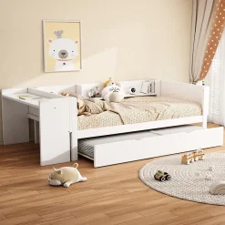 Lit Gigogne 90x200 cm - Lit Combiné enfant avec Bureau et 3 Étagères - Sans Matelas - Blanc>Okwish