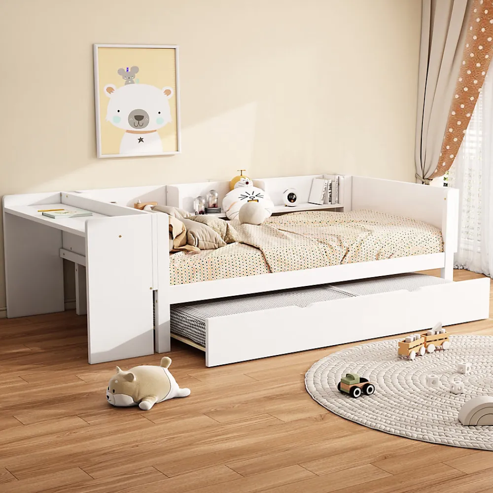 Lit Gigogne 90x200 cm - Lit Combiné enfant avec Bureau et 3 Étagères - Sans Matelas - Blanc>Okwish