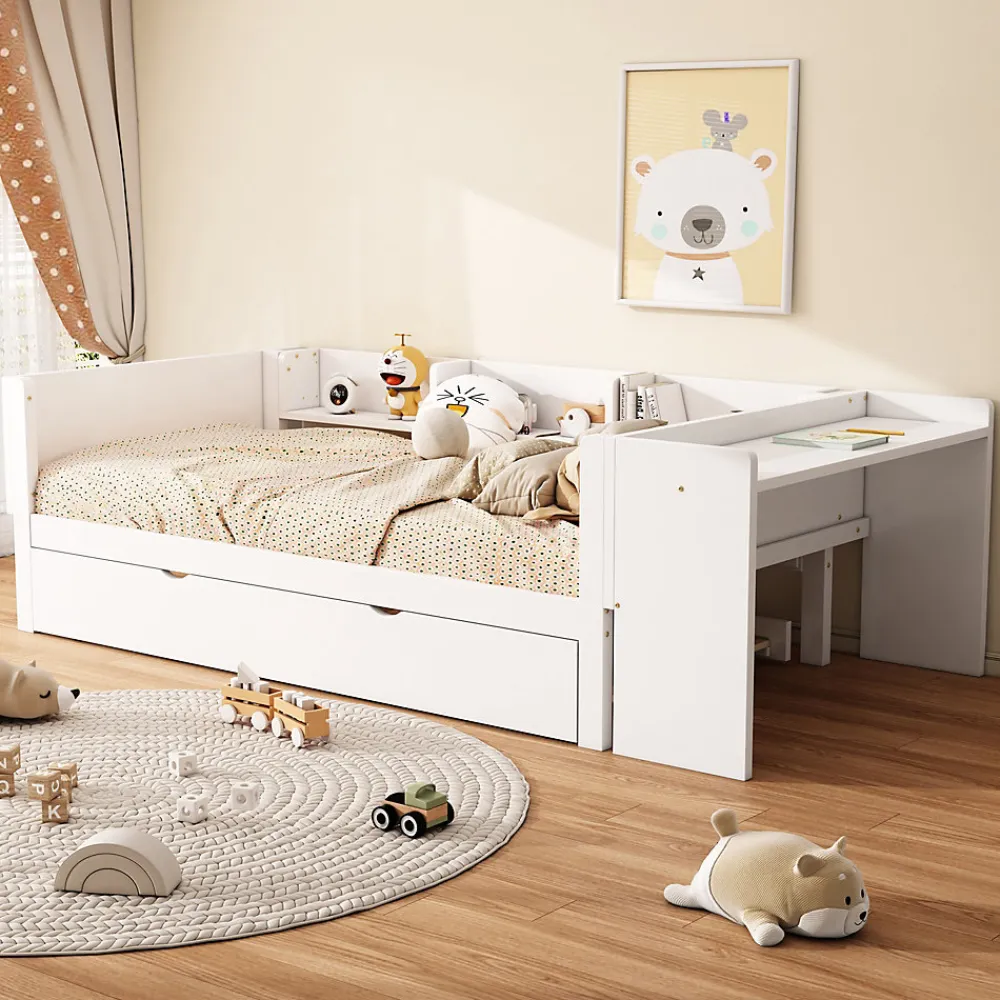 Lit Gigogne 90x200 cm - Lit Combiné enfant avec Bureau et 3 Étagères - Sans Matelas - Blanc>Okwish
