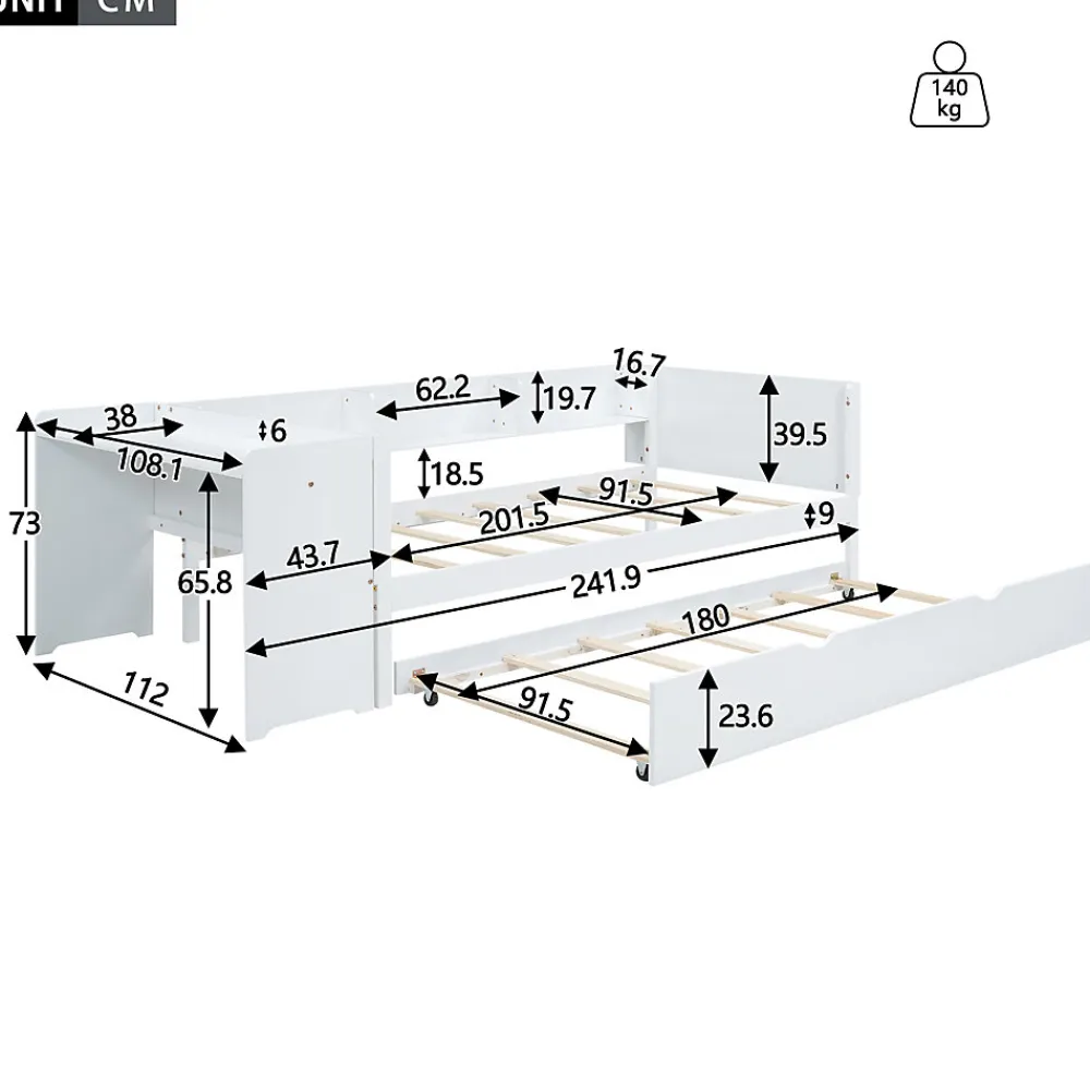Lit Gigogne 90x200 cm - Lit Combiné enfant avec Bureau et 3 Étagères - Sans Matelas - Blanc>Okwish