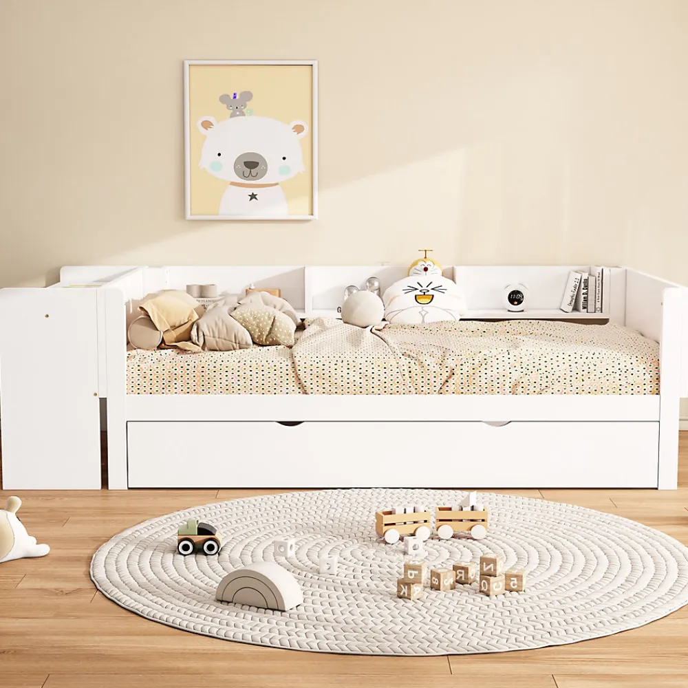 Lit Gigogne 90x200 cm - Lit Combiné enfant avec Bureau et 3 Étagères - Sans Matelas - Blanc>Okwish